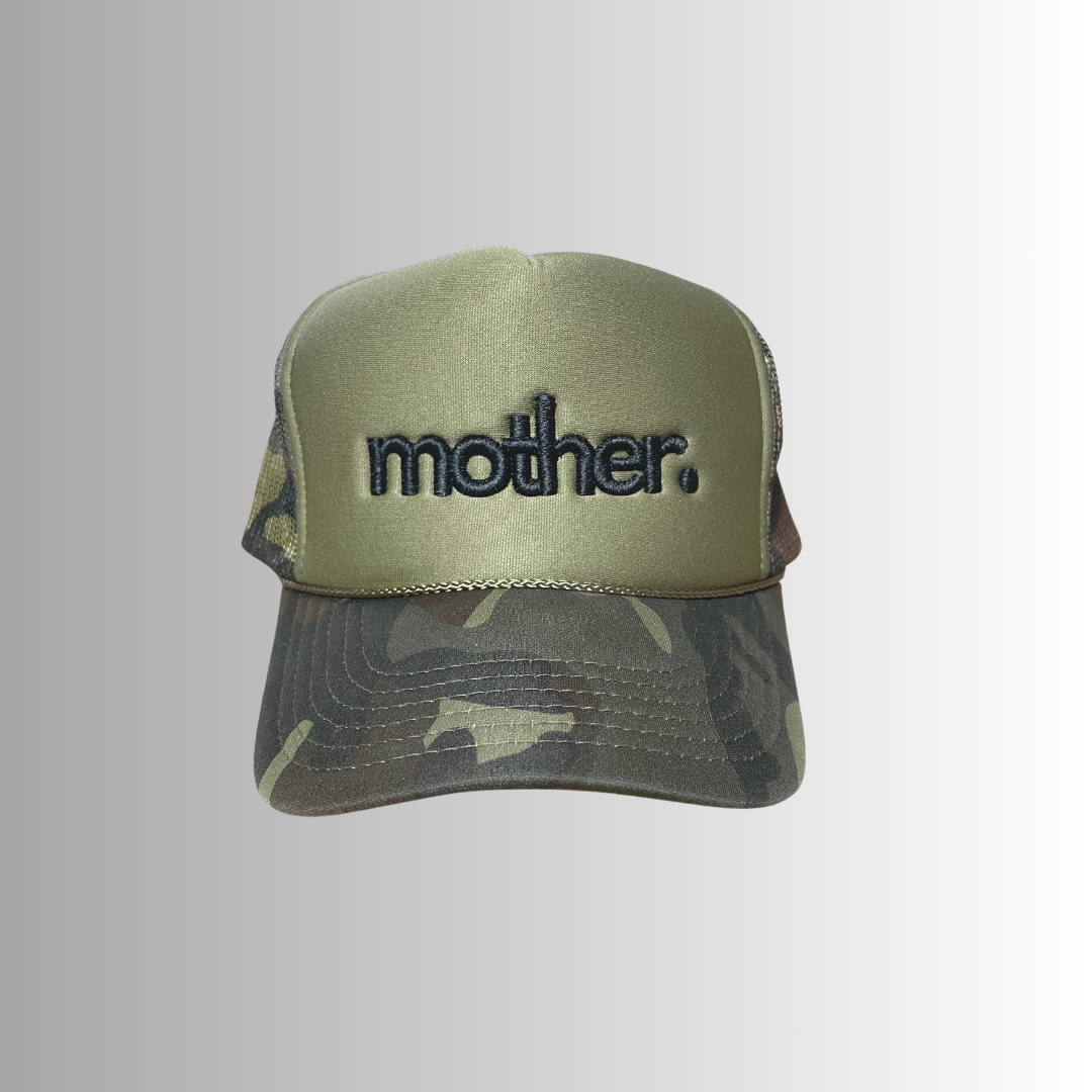 "Mother." Embroidered Trucker Hat - Olive + Camo