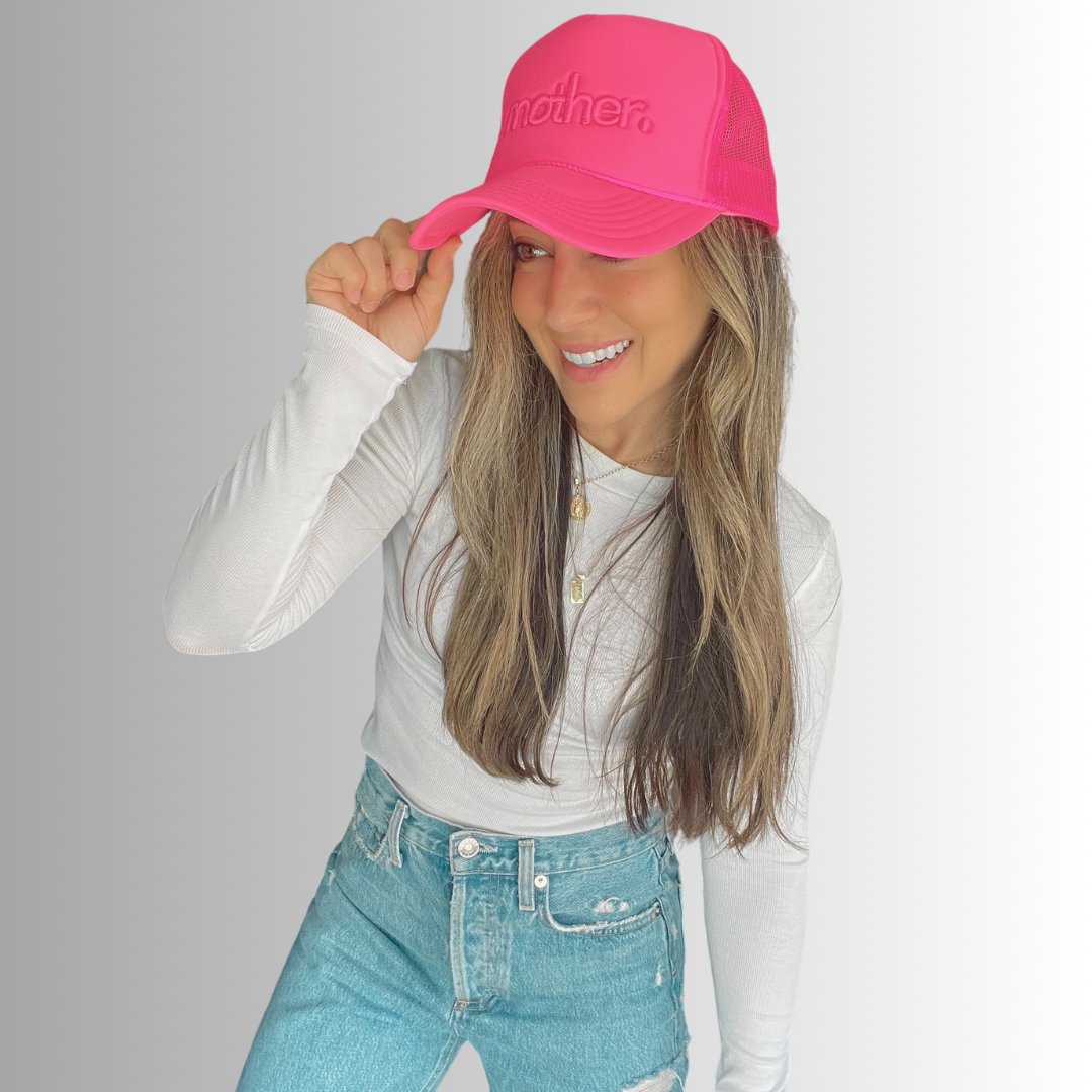 "Mother." Embroidered Trucker Hat - Hot Pink